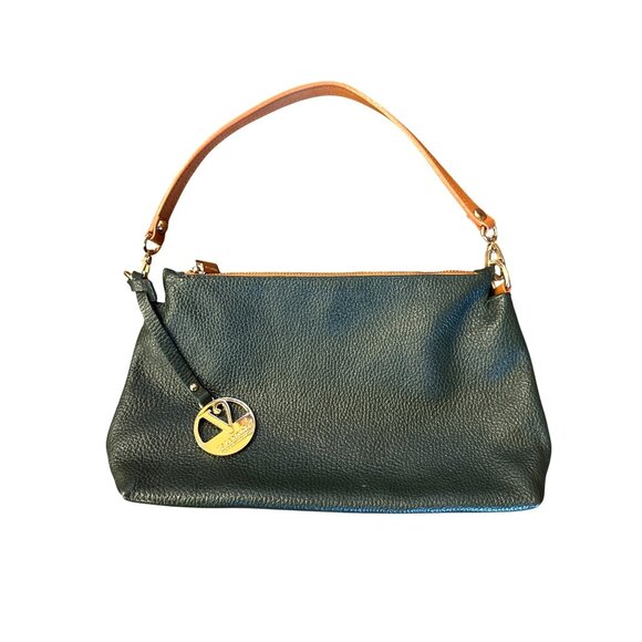 Valentina Handbags - Valentina Italy Leather Shoulder Bag Green Tan Strap Gold Logo Zip Purse